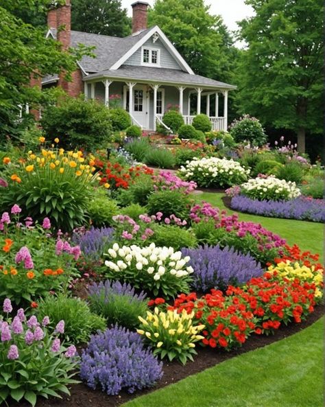 Hillside Flower Beds, Home Flower Garden Design, English Cottage Garden Front Yard, Best Flowers For Front Of House, Garden Flower Bed Ideas, Flower Landscape Ideas, Annual Flower Beds Design, Front Flower Garden, Yard Flower Bed Ideas