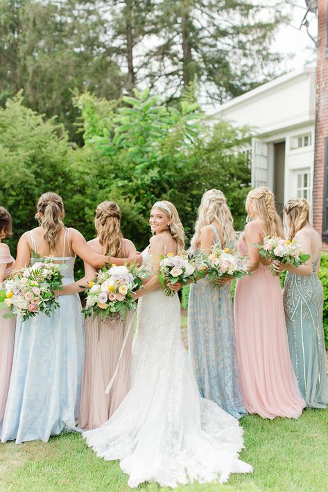 Mismatched bridesmaids dresses Bridgerton inspired Mix And Match Bridesmaid Dresses Pink And Blue, Light Blue And Pink Wedding Bridesmaid Dress, Blush And Dusty Blue Bridesmaid Dresses, Mix Match Bridesmaids Dresses Spring, Different Colour Bridesmaid Dresses Pastel, Bridesmaid Dresses Blue And Pink, Light Blue And Pink Bridesmaid Dresses, Dusty Blue And Peach Bridesmaid Dresses, Lds Wedding Bridesmaids