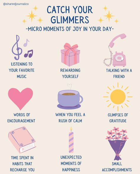 🌟 Glimmers are those little moments of joy that often go unnoticed in our day. Helping our kids recognize and cherish these moments can be a powerful way to boost their emotional well-being. 🌈✨ Encourage your child to spot glimmers—like the warmth of the sun on their face, a friendly smile, or a word of encouragement —and jot them down in their journal. 📓 Writing about these small, positive experiences can help them build gratitude and resilience. #MindfulParenting #GratitudeJournaling #gl... Daily Emotion Journal, Ritual Ideas, Child Discipline, Mail Inspiration, Word Of Encouragement, Coping Skills Activities, Positivity Board, Lovely Quotes, Therapeutic Activities