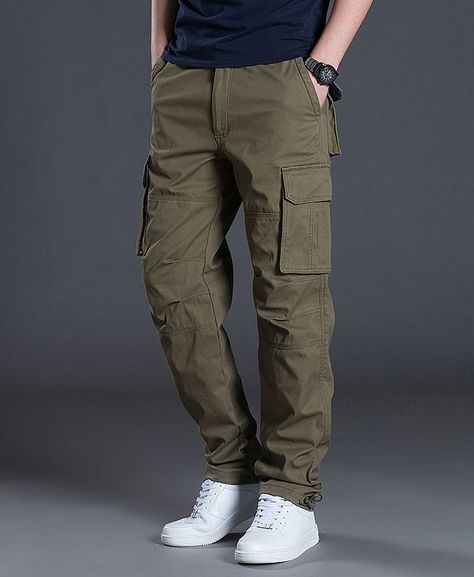 Cargo Pants Outfit Men, Celana Kargo, Casual Khaki Pants, Celana Fashion, Camouflage Cargo Pants, Pants Outfit Men, Cargo Pants Outfit, Pockets Fashion, Green Cargo Pants