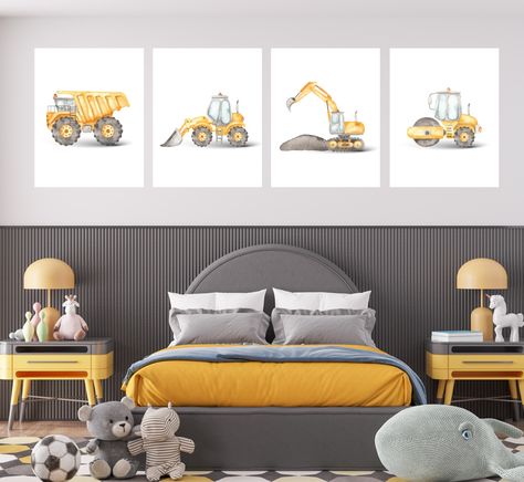 Construction truck room decor, wall art, dump truck, excavator, bulldozer, 8x10, set of 4 digital prints, customizable, frame not included Construction Nursery Theme, Boys Bedroom Construction, Construction Theme Rooms, Digger Bedroom, Boys Construction Room, Truck Room Decor, Truck Bedroom, Construction Bedroom, Construction Nursery