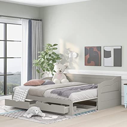 P PURLOVE Twin Wood Extending Daybed with 2 Storage Drawers, No Box Spring Needed, Gray Extendable Daybed, Extendable Bed, Wooden Daybed With Trundle, Daybed Frame, Wooden Daybed, Twin Daybed With Trundle, Sofa Bed Bedroom, Grey Sofa Bed, Wood Daybed