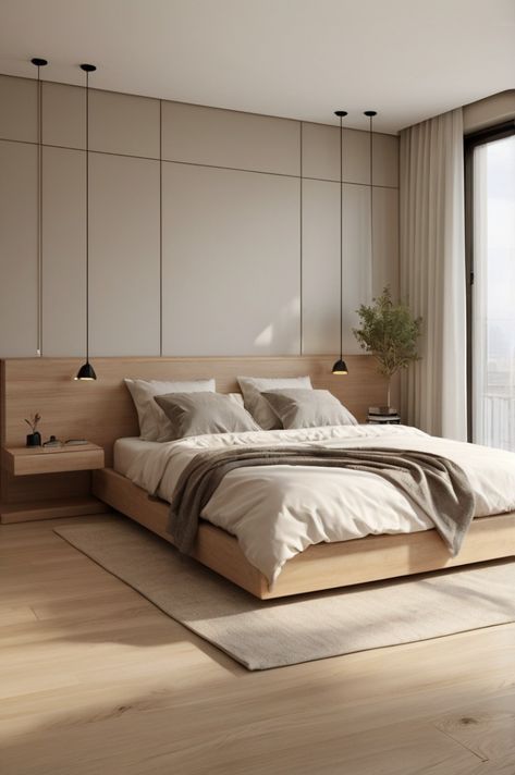 Masters Bedroom Minimalist Cozy, Organic Modern Master Suite, Neutral Minimalist Bedroom Modern, Interior Design Focal Point, Organic Luxury Bedroom, Beige And Wood Bedroom, Organic Neutral Bedroom, Bedroom Tall Ceilings, Minimalist Master Room