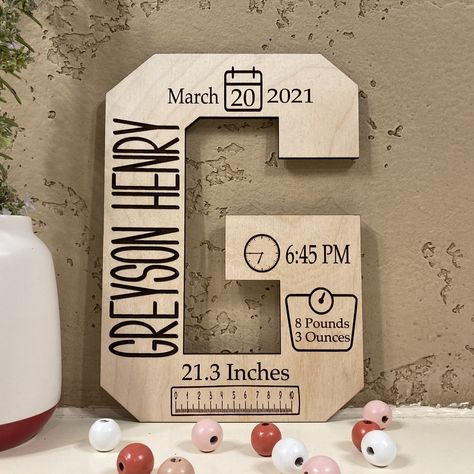 Engraved Birth Stats Sign (boy) Basswood Crafts, Baby Boy Name Signs, Baby Gift Ideas Unique, Unique Cricut Projects Ideas, Laser Engraving Ideas Projects, Engraved Baby Gifts, Big Wooden Letters, Baby Stats Sign, Baby Boy Signs