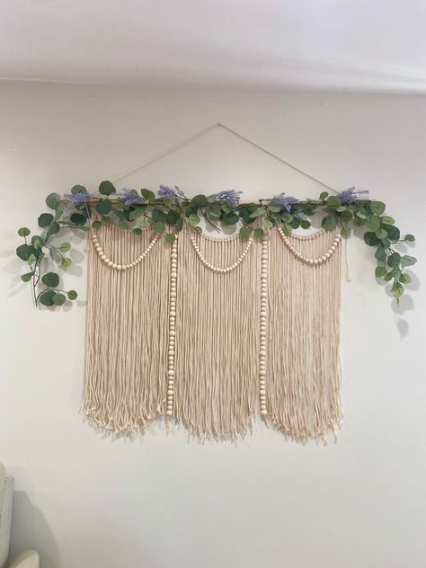 A large macrame wall hanging . Perfect for a living room or a master bedroom Macrame cord - 4mm Wooden dowell Eucalyptus Garland Lavender Florals Natural wooden beads Macrame With Eucalyptus, Bedroom Macrame, Garland Bedroom, Yarn Wall Art, Yarn Wall, Eucalyptus Garland, Large Macrame Wall Hanging, Large Macrame, Macrame Cord