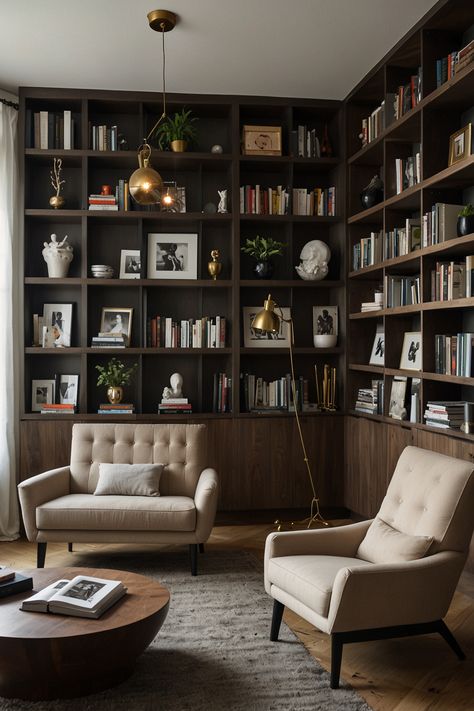 Transform your space into a sleek, modern chic home library with elegant clean lines and practical, stylish shelving. Ideal for book lovers wanting a refined and contemporary look.

#ModernLibrary #ChicInteriors #HomeLibraryDesign #SleekShelving #ContemporaryHome #InteriorDesign #BookLovers #MinimalistDecor Dark Wooden Bookshelf, Organic Modern Library, Dark Wood Built Ins, Modern Farmhouse Library, Dark Library Room, Library Room Modern, Library Room Aesthetic, Modern Library Design, Modern Library Room