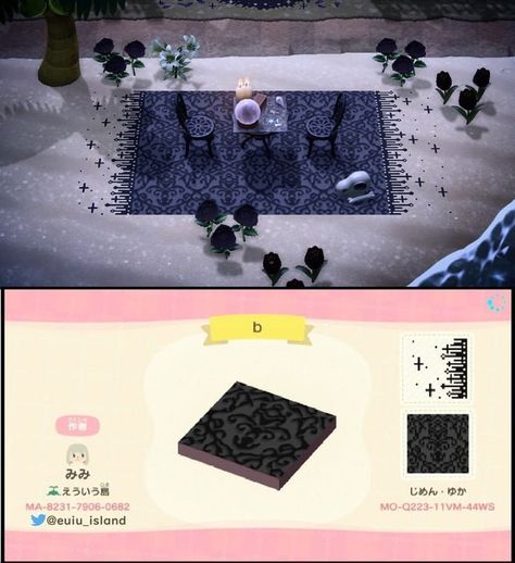 Acnh Black Rug Design Code, Acnh Cemetery Design Codes, Witch Core Animal Crossing Codes, Acnh Paths Designs Black, Black Path Animal Crossing, Gothic Path Animal Crossing, Animal Crossing Dark Island, Acne Spooky Island, Acnh Gothic Designs