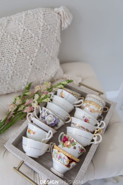 Tea Cup Display Ideas, Display Teacups, Cup Display Ideas, Modern Parisian Decor, Teacup Decor, Teacup Display, Teacup Wedding, Large Glass Canisters, Tea Cup Display