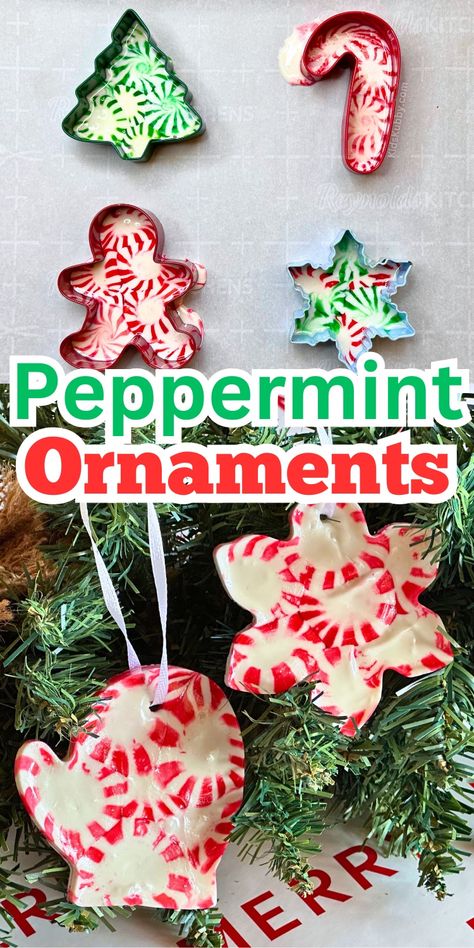 Melted Peppermint Candy Ornaments Homemade Candy Christmas Ornaments, Melted Candy Ornaments, Diy Peppermint Candy Ornaments, Candy Cane Diy Ornaments, Melted Peppermint Ornaments, Peppermint Ornaments For Kids, Dollar Tree Christmas Ornaments Easy Diy, Peppermint Crafts For Kids, Diy Kid Christmas Crafts