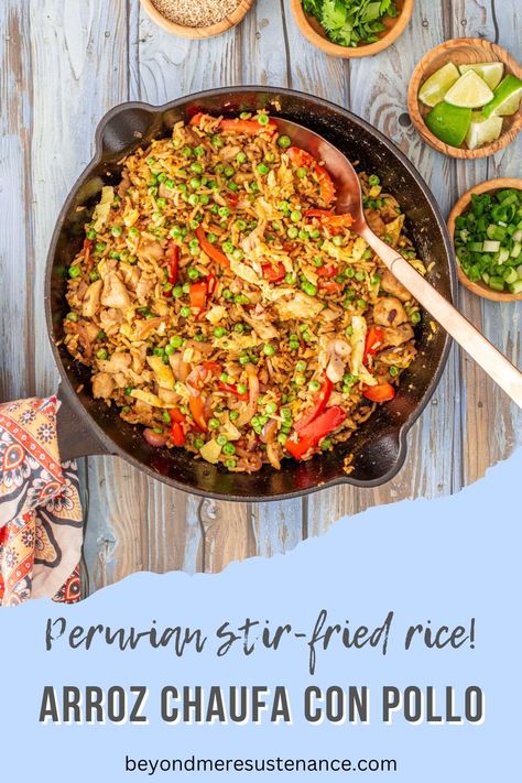 This Arroz Chaufa con Pollo is my spin on a popular Peruvian-Chinese fusion fried rice dish that combines elements of Chinese stir-fry with Peruvian ingredients and flavors. Chaufa is typically seasoned with soy sauce, ginger, and garlic, and includes Peruvian ingredients like ají amarillo pepper, cumin, and cilantro for added flavor. 30 minutes is all you need! #BeyondMereSustenance #ArrozChaufaConPollo #ArrozChaufaRecipes #PeruvianRecipes #PeruvianChicken #Weeknights #OnePot #CastIron Peruvian Rice, Fried Rice Dishes, Pollo Recipe, Peruvian Dishes, Chinese Stir Fry, Fusion Dishes, Peruvian Recipes, Rice Dish, Best Dinner Recipes