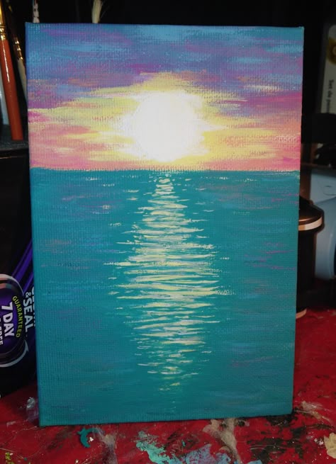 Painting Of The Ocean Easy, Drawing The Ocean, Painting Ocean Sunset, Sunset Ocean Painting Easy, Ocean Sunset Drawing, Painting Ideas Ocean Easy, Sunset Over The Ocean Painting, Acrylic Sunset Painting Ideas, Ocean Sunset Paintings Acrylics