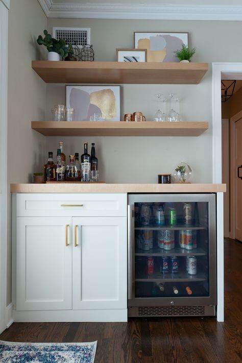 White Dry Bar With Floating Shelves, Built In Dry Bar With Floating Shelves, Small Dry Bar With Floating Shelves, Mini Fridge Living Room Bar Ideas, Bar Floating Shelves Decor, Drink Ledge Basement, Built In Bar Shelves, Fireplace Floating Shelves Decor, Butcher Block Dry Bar