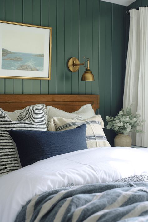 57+ Sage Green Bedroom Ideas That Feel Serene Dark Green Coastal Bedroom, Navy And Sage Bedroom, Sage And Blue Bedroom, Navy And Green Bedroom, Green And Navy Bedroom, Sage Green Bedrooms, Blue And Green Bedroom, Sage Green And Navy, Sage Green Bedroom Ideas