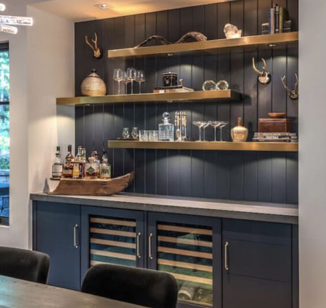 Bar With Floating Shelves, Garage Adu, Dry Bar Ideas, Mountain Inspiration, Montana House, California Mountain, Martis Camp, Coin Bar, Home Wet Bar