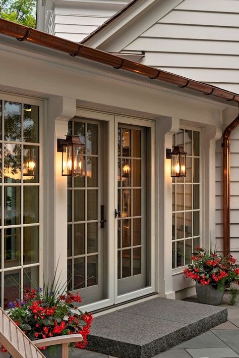 French Doors Exterior, Transitional Decor Living Room, Sunroom Designs, Transitional Decor Kitchen, French Doors Patio, Wood Accent, Porch Design, Front Entrance, Traditional Living