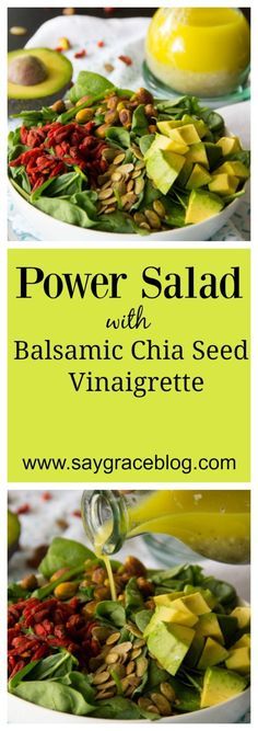 This nutritional bed of spinach topped with crunchy pistachios and pumpkin seeds, creamy avocado, and juicy goji berries gets drizzled with a healthy balsamic chia seed vinaigrette. This Power Salad is an excellent choice for your lunch today!! Chia Seed Salad, Chia Seed Drinks, Seed Salad, Power Salad, Chia Seed Recipes, Salad Dressing Recipes, Whole 30 Recipes, Healthy Salad Recipes, Healthy Salads