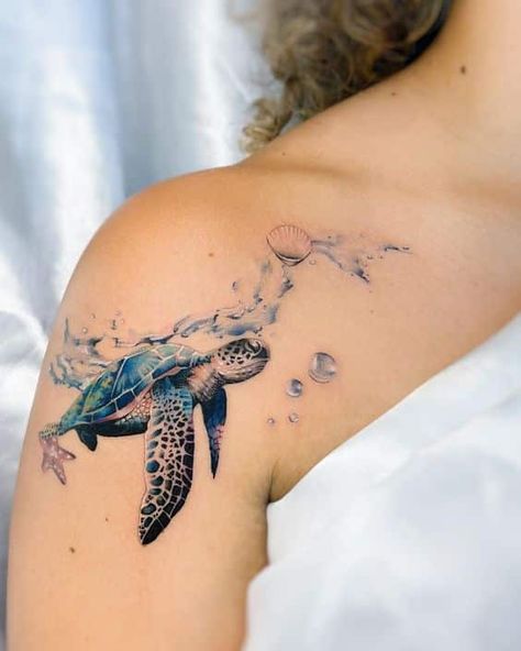 Happy Turtle Drawing, Turtle And Waves Tattoo, Sea Turtle With Waves Tattoo, Color Sea Turtle Tattoo, Thigh Beach Tattoo, Sea Turtle Tattoo Designs For Women, Sea Turtle Thigh Tattoo, Low Back Cover Up Tattoo For Women, Water Back Tattoo