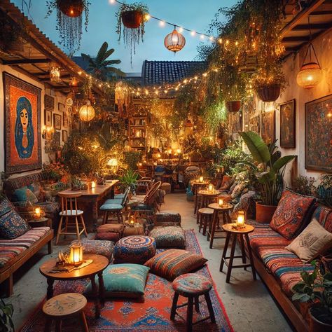 An intimate Bohemian Dinning experience Bohemian Style Restaurant, Whimsical Dining Room, Wellness Cafe, Bohemian Cafe, Bohemian Bar, Boho Seating, Stretch Tent, Boho Bar, Meditation Room Decor