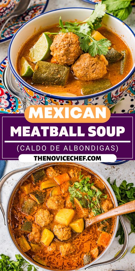 Albondigas Soup Recipe Mexican, Soup With Veggies, Mexican Soups, Albondigas Soup Recipe, Caldo Recipe, Mexican Meatball Soup, Easy Spanish Recipes, Mexican Meatballs, Albondigas Soup