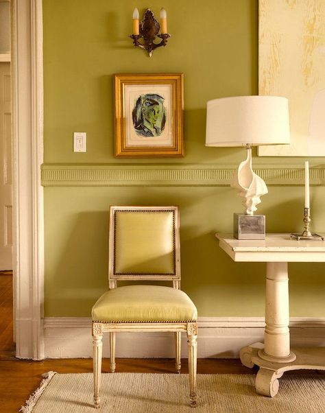 Churlish Green, Interior Design Green, Harlem Apartment, Sheila Bridges, Breakfast Room Green, Family Room Paint, Small Sectional Sofa, Green Paint Colors, Green Walls