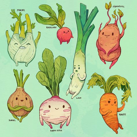 Happy vegetables, Johanna Puhl on ArtStation at https://www.artstation.com/artwork/xznJlr Vegetable Drawing, Vegetable Illustration, Arte Inspo, Arte Sketchbook, Arte Animal, 영감을 주는 캐릭터, Illustration Character Design, Creature Design, Cute Doodles