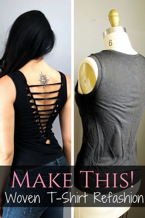 Easy No Sew summer Clothes project. Refashion a basic tshirt with this easy weave tutorial DIY. Sewing Clothes Refashion, Diy Clothes Refashion No Sew, Blouse Refashion, Upcycling Shirts, T Shirt Refashion, Upcycled Garments, Umgestaltete Shirts, Diy Cut Shirts, Shirt Makeover