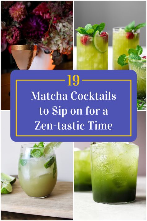 Collage of 4 matcha cocktails. Matcha Alcoholic Drinks, Matcha Cocktail Recipes, Matcha Cocktail, Vodka Sour, Matcha Coconut, Drink Names, Japanese Drinks, Best Matcha, Liquor Recipes