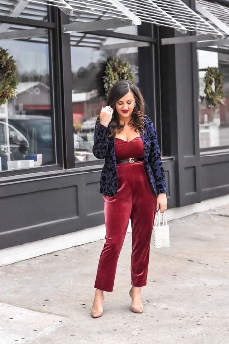 VELVET and Gold: Holiday Velvet Blazer and Jumpsuit Velvet Jumpsuit Outfit With Jacket, Jumpsuit Outfit With Jacket, Velvet Jumpsuit Outfit, Velvet Blazer Outfit, Kentucky Derby Cocktails, Velvet Jumper, Kentucky Derby Style, Velvet Duster, Work Christmas Party