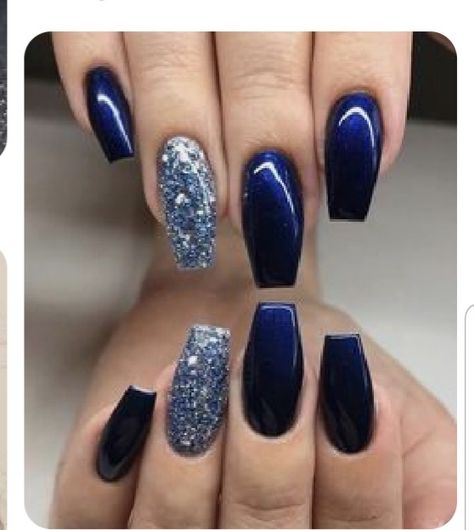 Dark Nail Designs, Blue And Silver Nails, Blue Nail Color, Silver Nail Designs, Dark Blue Nails, Navy Nails, Blue Glitter Nails, Navy Blue Nails, Blue Acrylic Nails