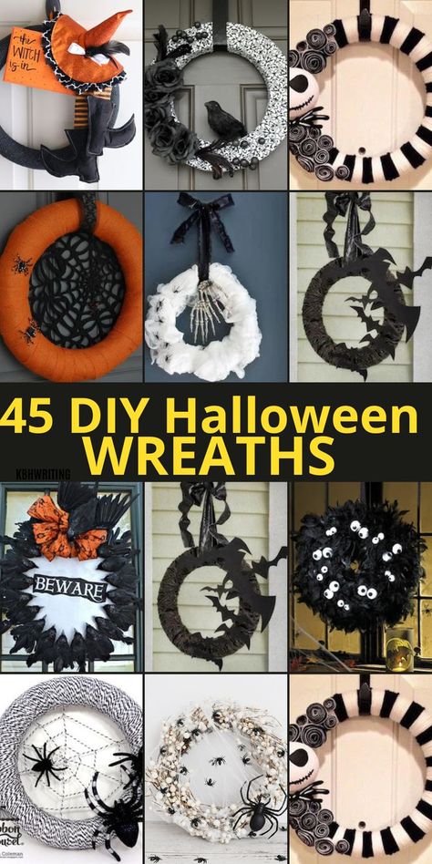 45 Easy DIY Halloween Wreaths That You Can Make Simple Halloween Wreath Diy, Diy Mesh Halloween Wreath, Halloween Crafts For Ladies Night, Halloween Tulle Wreath Diy, Homemade Halloween Wreaths, How To Make Halloween Wreaths, Simple Halloween Wreath, Cute Halloween Wreath, Eyeball Wreath Halloween