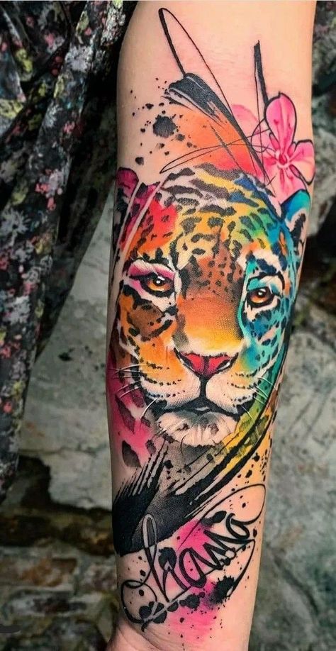 Tiger Tattoo Colorful, Realism Tattoos For Women, Bright Tattoos For Women, Tatuajes Full Color, Colorful Lion Tattoo, Female Lion Tattoo, Watercolor Tattoo Ideas, Bright Tattoos, Leopard Tattoos