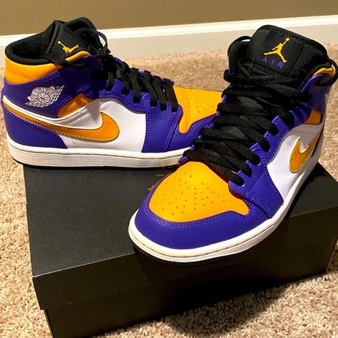 Air Jordan 1 Mid M7.5 / W9 “Lakers” color scheme White Taxi, Lakers Colors, Jordan Mid, Jordan Retro 1, Retro 1, Air Jordan 1 Mid, Jordan 1 Mid, Jordan Retro, Air Jordan 1