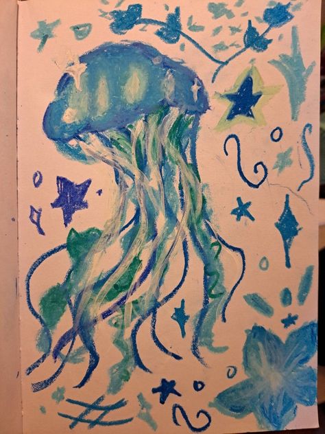 Jellyfish Pastel Art, Jellyfish Painting Aesthetic, Sea Stars Drawing, Jelly Fish Oil Pastels, Jellyfish Pastel Drawing, Jellyfish Drawing Color, Aquarium Aesthetic Drawing, Drawing Ideas With Pastels, Jellyfish Drawing Oil Pastel