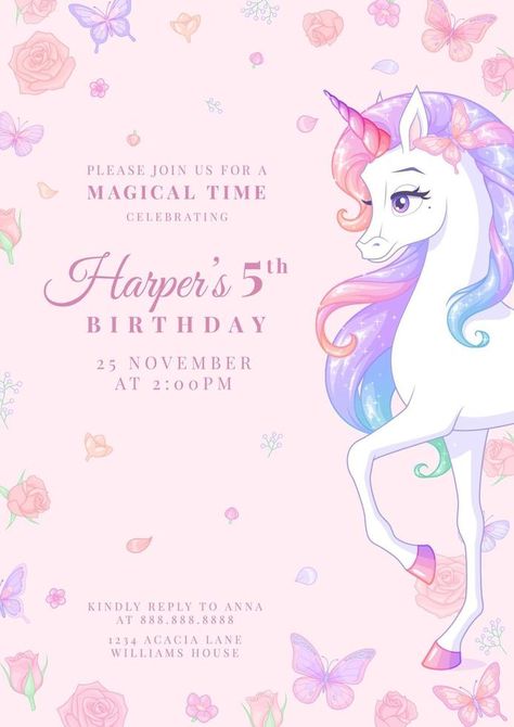 Vector pink birthday party invitation with unicorn Rosa Vector, Pink Birthday Party Invitations, Printable Unicorn Birthday, Rosas Vector, Bday Party Invitations, Birthday Party Invitations Free, Rainbow Themed Birthday Party, Unicorn Invitation, Unicorn Party Invites