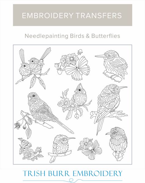 Embroidered Birds Free Pattern, Bird Embroidery Pattern Free Printable, Trish Burr Embroidery, Trish Burr, Bird Embroidery Pattern, Vintage Embroidery Transfers, Christmas Embroidery Patterns, Embroidery Template, Hand Embroidery Patterns Flowers