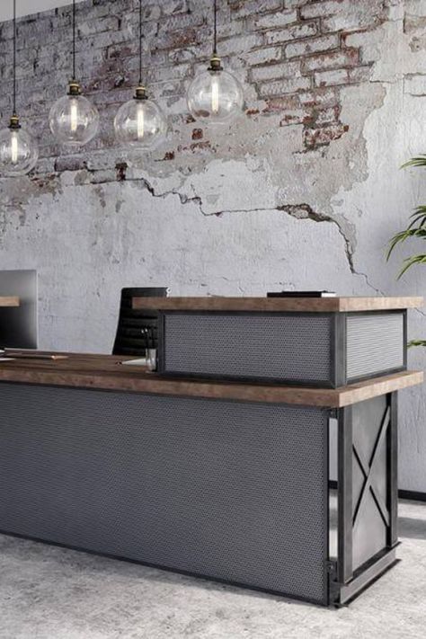 Welding Shop Office Ideas, Reception Desk Industrial, Industrial Reception Design, Tall Reception Desk, Black Reception Desk, Rustic Reception Desk, Industrial Reception Desk, Industrial Reception, Front Desk Design