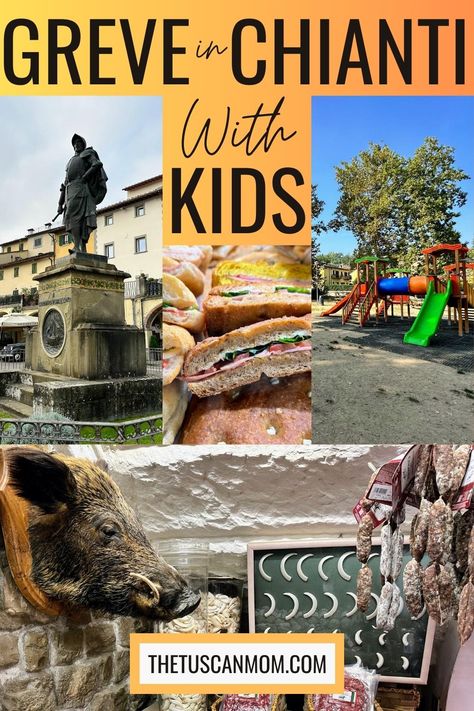 Photos of the Verrazzano statue in Greve in Chianti, a colorful playground, and a wild boar head and display of wild boar teeth. Chianti Italy, Greve In Chianti, Best Places To Eat, Places To Eat, Kid Friendly, Italy Travel, Tuscany, Where To Go, Family Travel