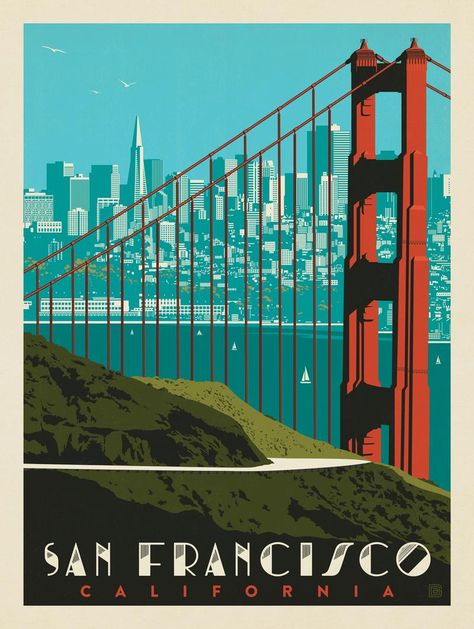 San Francisco: Golden Gate Bridge Skyline Travel Magnets, Posters Decor, Anderson Design Group, San Francisco Golden Gate Bridge, Bridge Art, Travel Poster Design, Vintage Poster Design, The Golden Gate Bridge, Retro Travel Poster