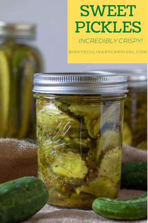 These Sweet Pickles from Binky's Culinary Carnival can be Quick Canned or Water Bath Canned, for longer storage! Once you make them yourself, you will never buy another store bought pickle! See all of our tips to keep them crispy. Keto Pickle Recipes, Keto Pickles, Canning Sweet Pickles, Freeze Veggies, Sweet Refrigerator Pickles, Pickles Homemade Easy, Spicy Pickle Recipes, Sweet Pickles Homemade, Sweet Pickles Recipe