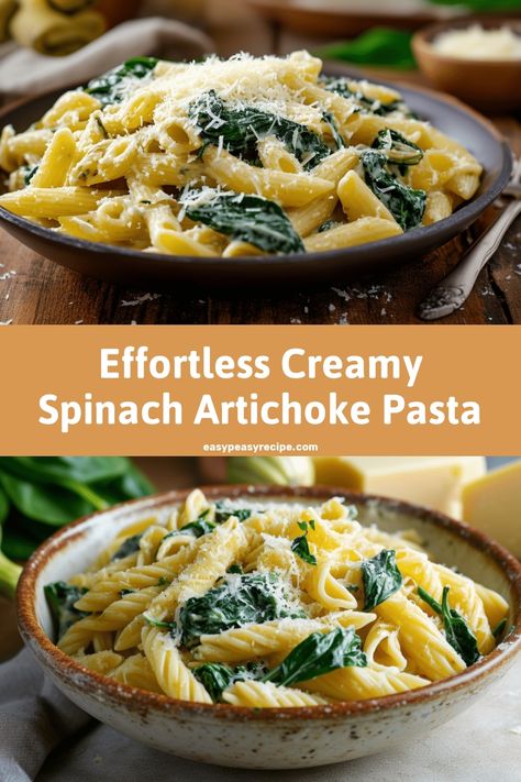 A bowl of creamy spinach and artichoke pasta topped with grated cheese. Artichoke Pasta Recipes, Spinach And Artichoke Pasta, Pasta Recipe Creamy, Spinach Artichoke Pasta, Lemon Garlic Pasta, Easy Zucchini Recipes, Artichoke Pasta, Creamy Pasta Recipes, Easy Peasy Recipes