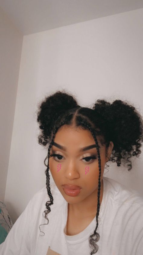 Bun Middle Part, Space Bun, Braided Buns, 4a Hair, Space Buns, Braided Bangs, Two Braids, Curly Hair Inspiration, Braided Bun