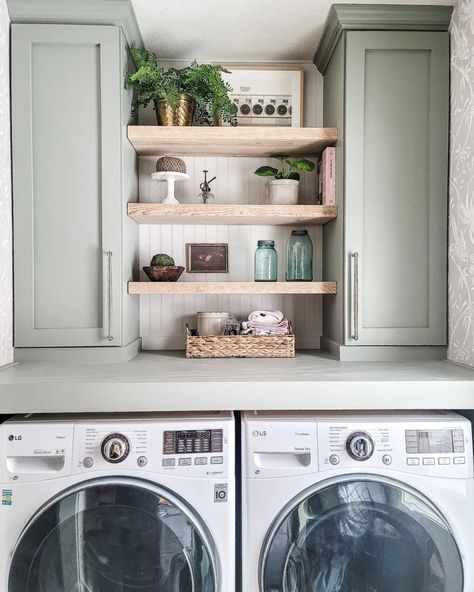 Laundry With Open Shelves, Laundry Area Cabinets, Laundry Room Cabinet With Shelves, Open Wood Shelving Laundry Room, Laundry Room With Shelves And Cabinets, Laundry Wood Shelves, Shelves Between Cabinets Laundry, Open Laundry Shelving, Open Cabinet Laundry Room