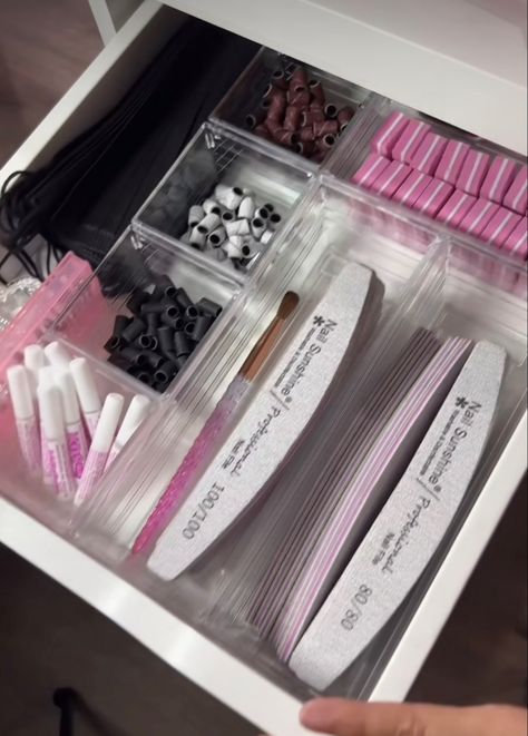 Gel Nail Organization Ideas, Nail File Aesthetic, Nail Drawer Organization, Nail Appointment Aesthetic, Nail Cart Organizer Ideas, Nail Studio Aesthetic, Nail Desk Organization, Nail Swatches Display, Nail Organization Ideas