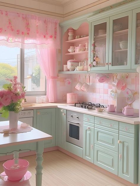 Kitchen Room Aesthetic, Diy Kitchen Ideas Decorating, Dreamy Kitchen Aesthetic, Kitchen Ideas Pink And White, Pink Cottage Core Kitchen, Soft Kitchen Aesthetic, Cutecore Kitchen, Vintage Aesthetic Kitchen, Pretty House Interior