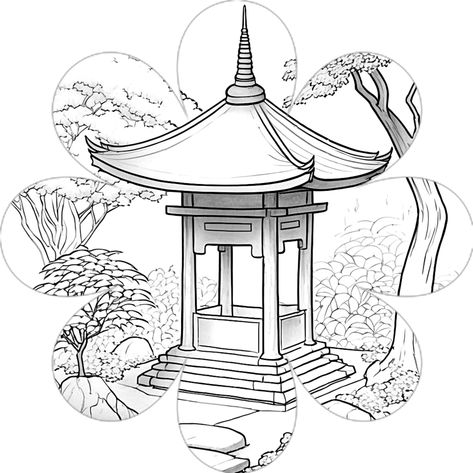 Historical Drawings, Beautiful Japanese Gardens, Digital Coloring Pages, Japanese Shrine, Coloring Page For Adults, Japanese Gardens, Digital Coloring, Puzzle Games, Japanese Garden