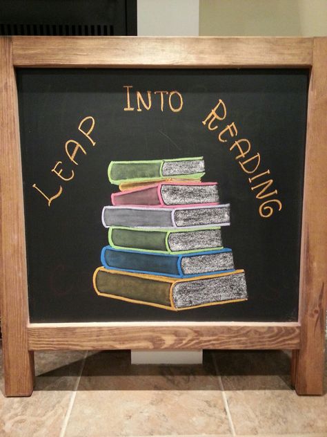 Leap into reading chalkboard Book Club Chalkboard Art, Teacher Day Black Board Decoration, Book Chalkboard Art, Classroom Chalkboard Ideas, Blackboard Decoration Classroom, Chalkboard Art Classroom, Bookstore Chalkboard, Blackboard Decoration, School Chalkboard Art