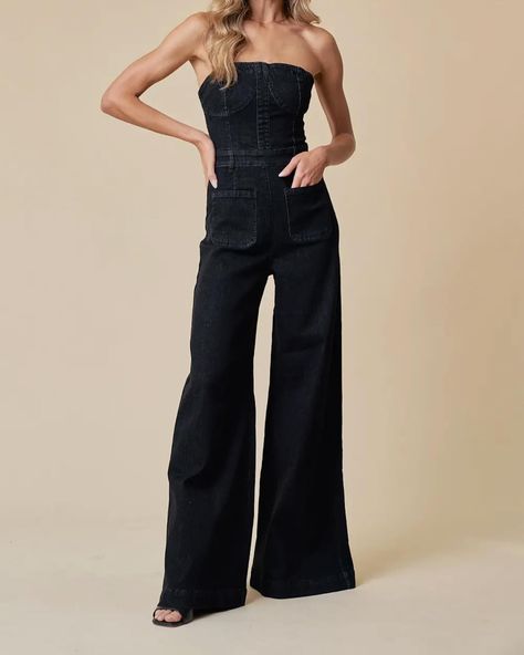 🆕🆕🆕🆕🆕 {ZORA WIDE LEG DENIM JUMPSUIT} Crafted in sleek black denim, this jumpsuit exudes timeless sophistication. Its strapless design and bustier top effortlessly blend elegance with a hint of edge, while the wide-leg silhouette ensures unrestricted movement. Plus, with its stretch fabric, it promises both style and comfort for any occasion. Elevate your wardrobe with this versatile statement piece that transitions seamlessly from day to night. Krista did a try on of this one and her... Bustier Top, Denim Jumpsuit, Wide Leg Denim, Try On, Black Denim, Stretch Fabric, Women Men, Wide Leg, Jumpsuit