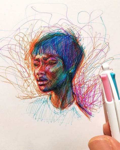 Scribble Color Pen Portraits. Click the image, for more art from Alberto Russo. Pen Portraits, Scribble Drawings, Biro Drawing, Biro Art, Ballpoint Pen Art, Scribble Drawing, Ink Pen Art, Ballpoint Pen Drawing, Color Pen