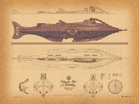 David McCamant | Nautilus Exterior Plan Nautilus Submarine, The Nautilus, Leagues Under The Sea, Sci Fi Ships, Jules Verne, Arte Fantasy, Retro Futurism, Dieselpunk, Model Ships