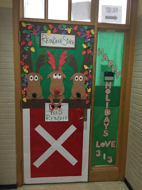 Christmas door, reindeer stable Reindeer Door Decoration, Reindeer Stable, Winter Classroom Door, Reindeer Door, Christmas Cubicle Decorations, Door Decorations Classroom Christmas, Christmas Door Decorating Contest, Christmas Classroom Door, School Door Decorations